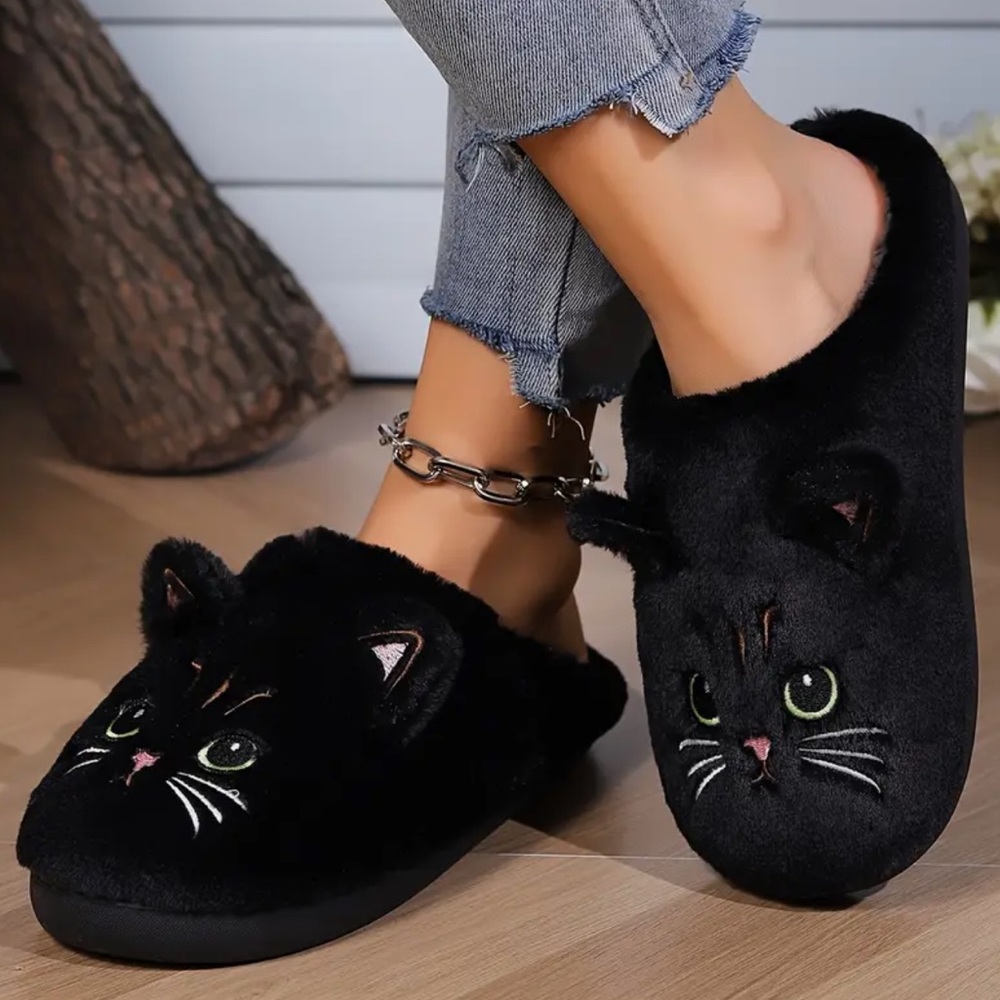 Cozy Black Cat House Shoes Slippers Slides- Sz 9.5-10